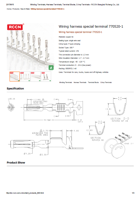 Wire harness special terminal 770520-1 Specification